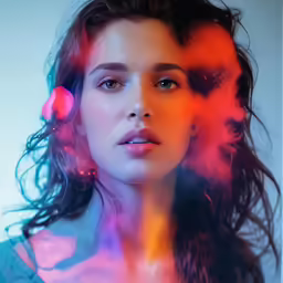 a young girl with colorful lights on her face
