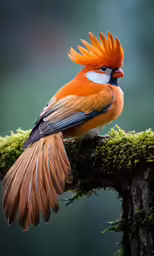 a red and white bird is sitting on a mossy branch