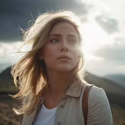 the girl is standing in a field looking away