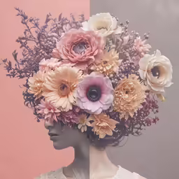 the head of a woman with flowers in it