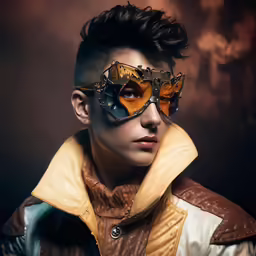 a person with strange eyes in a steam punk costume