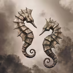 two seahorses are shaped like paper from the sea against a dark cloud