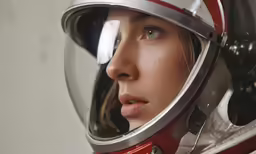 a close up of the face and helmet of a woman