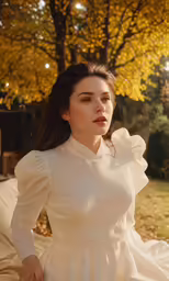a woman wearing a dress and standing outside in the fall