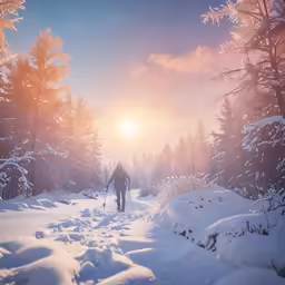 someone walking on a trail in the snowy woods