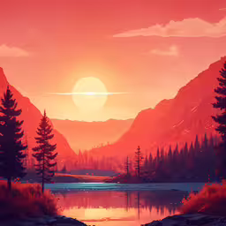 a painting with water and mountains in the background,an oil painting of a sunset over a mountain lake