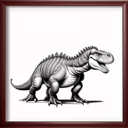 an art print featuring an adult tyraptus,an image of a t - shirt dinosaur in black and white,an image of a dinosaur in a brown frame,an art print in red frame with a dinosaur drawing on it,a large lizard that is in a frame