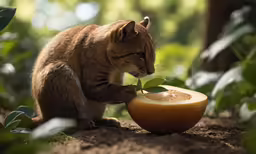 a cat that is eating out of a bowl