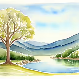 a watercolor painting of a large tree and a lake,there is a watercolor painting on paper,the water is calm and it looks like a painting,a large tree on the edge of a river,watercolor painting of a green tree and mountains