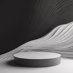 the modern table is on the floor in front of the white wavy wall