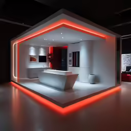 a bathroom that has been recently constructed in the shape of a hexagon