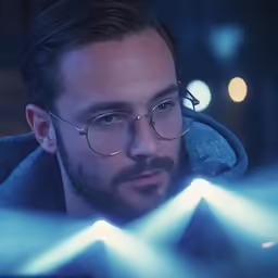 the man is staring at something while wearing glasses