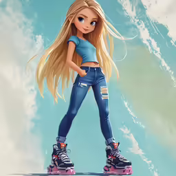 anime illustration of a woman rollerblading in jeans and short shorts