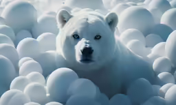 a polar bear surrounded by lots of balls