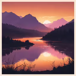 a scenic scene of mountains and a body of water,a sunset photo of the mountains and a lake