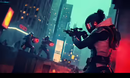 a group of guys wearing futuristic suits in a city