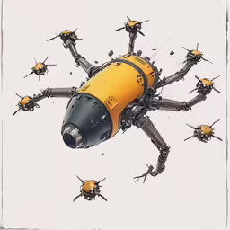 an aerial photograph with eight yellow buggy like objects