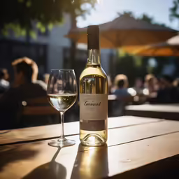 a wine bottle next to a glass on top of a wooden table
