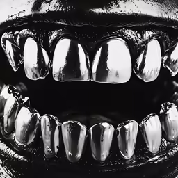 the metal mouth is covered with a lot of shiny chrome