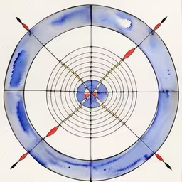 an archery scope with arrows hitting the center,a drawing of a target with several arrows and an arrow in the center