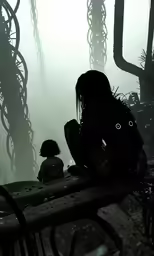 an artistic and creepy image of a child on a bench