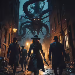 some people and two men in trench coats and hats are walking in an alley with a giant monster in the background