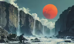 man on rocky ledge looking at a waterfall with red sun