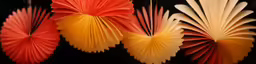 three red, white and yellow paper fans on black background