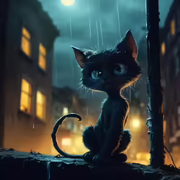 a black cat sitting on the ledge in the rain