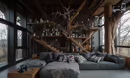 a modern living room with wood and glass