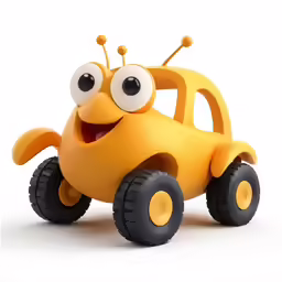 a orange toy truck with some eyes and big teeth