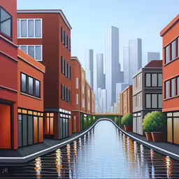 painting of an alley and a large city by a river