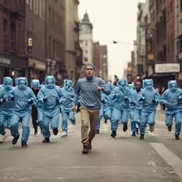 an action photo of some people in blue suit