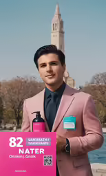 a man standing in front of the washington monument holding a pink sign