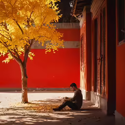 a person sitting in front of a tree on the ground