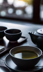 tea and other drinks are on a table next to the windows