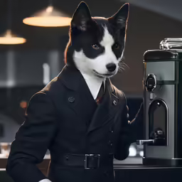 a black and white dog wearing a suit and tie