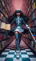 a woman with long hair and black hair is running through a library filled with books