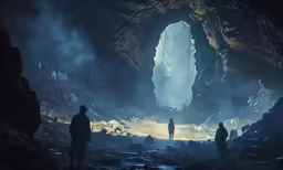 three people standing in front of an arch in the sky