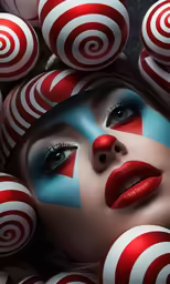a woman with a red nose and white face with red and blue makeup and the words, makeup rules that women cannot miss