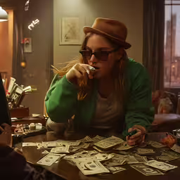 woman sitting at a table looking at stacks of dollar bills,a woman in sunglasses smoking a cigarette at a bar