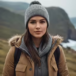 a close up of a woman with long hair wearing a winter coat
