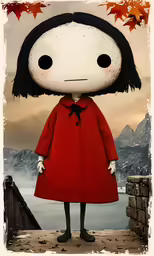 a cartoon figure in a red coat standing by a lake
