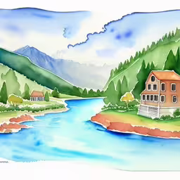 /tmp/FOOdTLIRs.jpg = a house and river are drawn by watercolors
,/tmp/FOOdTLIRs.jpg = a painting of a stream and a red building on the island
,/tmp/FOOdTLIRs.jpg = a drawing of a river running past some homes
,/tmp/FOOdTLIRs.jpg = a painting of the landscape showing two houses near a river
,/tmp/FOOdTLIRs.jpg = an artist