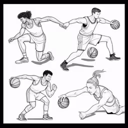 man basketball players in various positions and positions,a group of people playing basketball against each other,four images of men playing basketball, one holding the ball and one running,the man is doing different kinds of exercises with balls,six different basketball player doing different things on their body