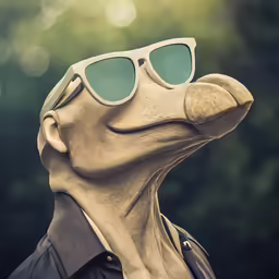 a man wearing sunglasses and an animal - like face