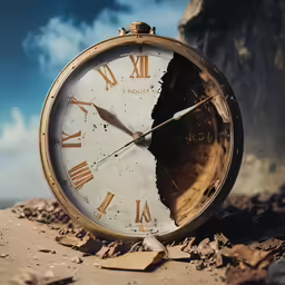 a close up of a clock sitting in the dirt