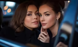 two beautiful women sitting in a car with their hands on their cheeks