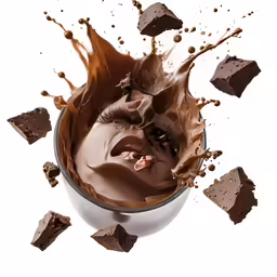 a cup filled with chocolate on top of a white table