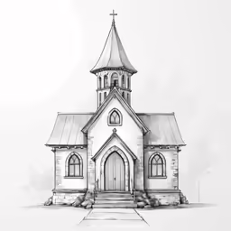a church with steeple and steps on it